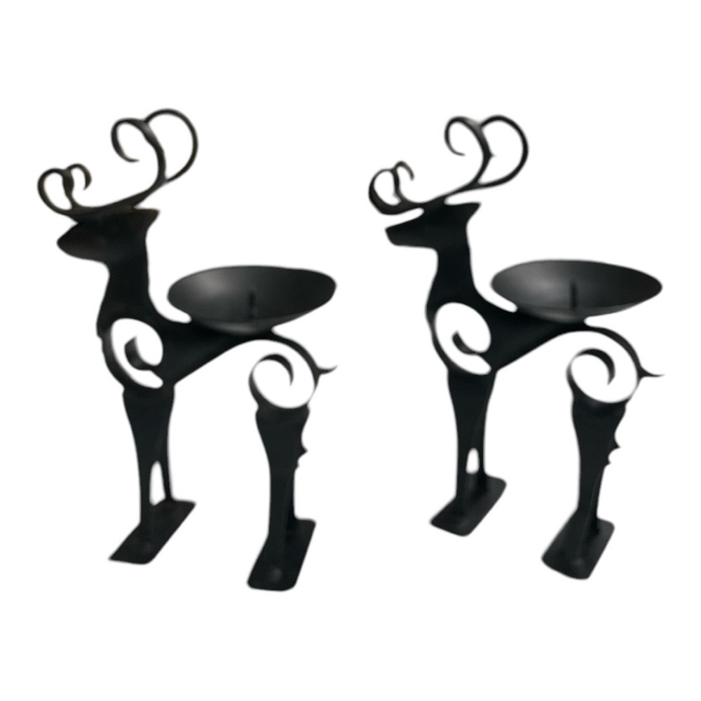 Vintage Black Metal Reindeer Candle Holders Pair Scroll Antlers Holiday Decor - Picture 2 of 9